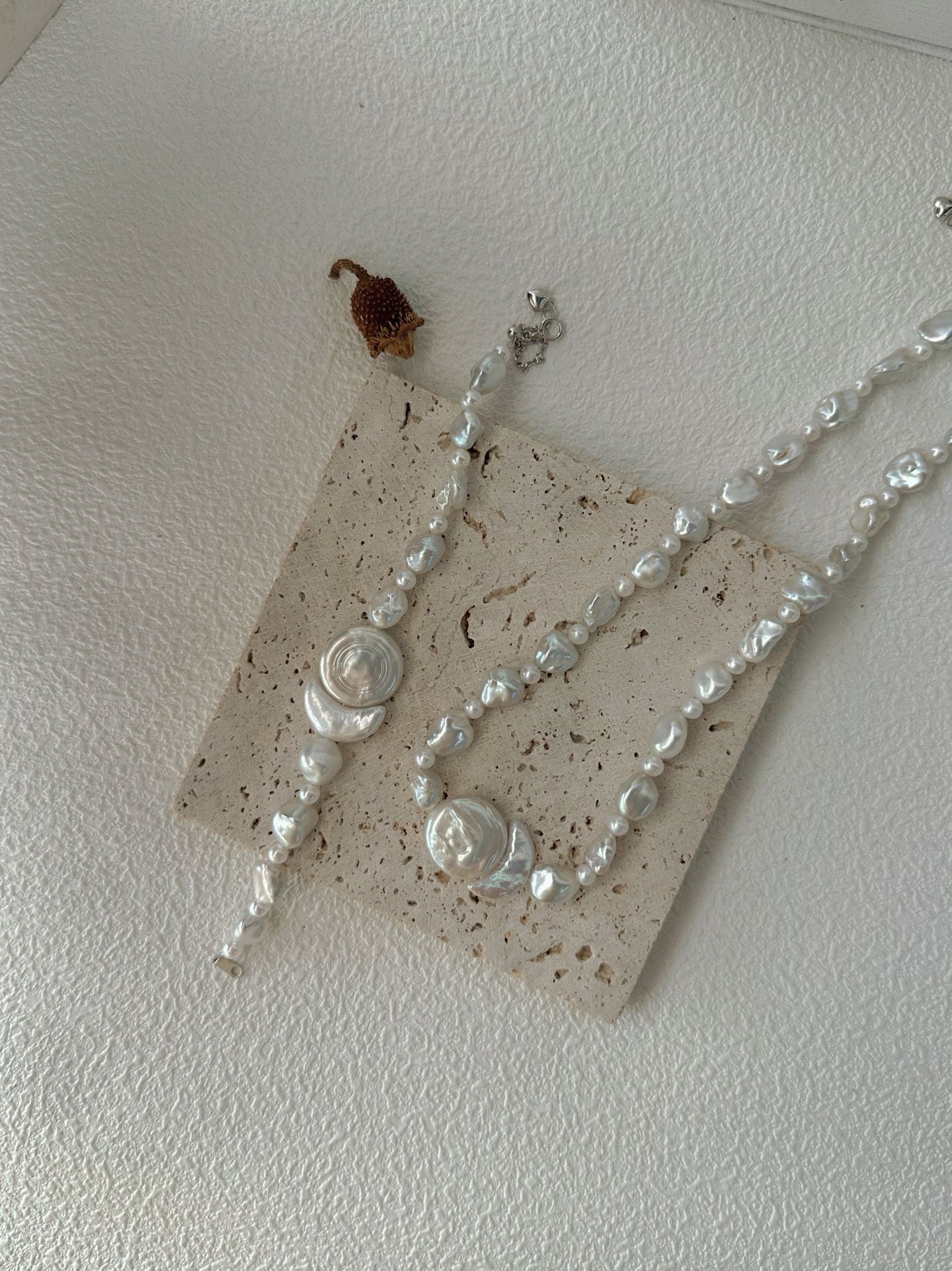 Baroque Freshwater Pearl Bracelet & Moon Disc Adjustable Bracelet