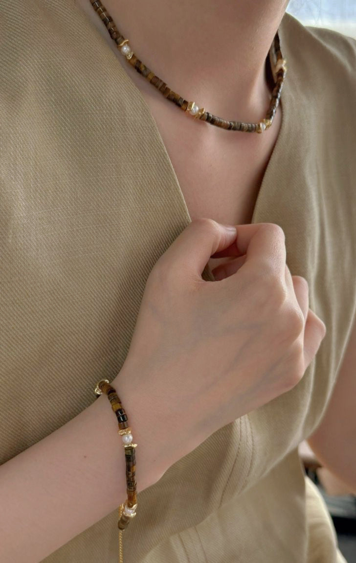 Baroque Freshwater Pearl & Tiger Eye Beaded Bracelet