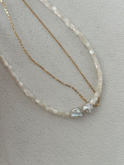 Moonlayer Baroque Freshwater Pearl Layered Necklace — 14K Gold-Filled Chain & Shell Beads