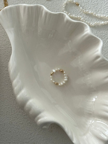 Serein Ring – Adjustable Freshwater Pearl & 14K Gold- Filled Bead Ring | Elastic Fit Minimalist Jewelry