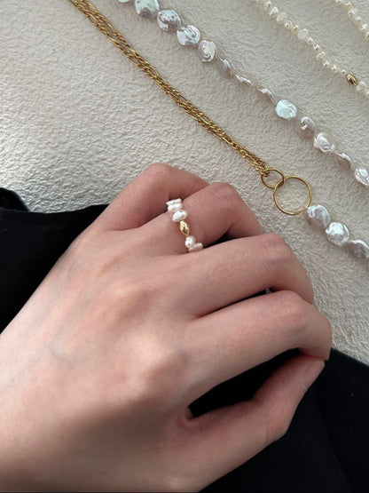 Serein Ring – Adjustable Freshwater Pearl & 14K Gold- Filled Bead Ring | Elastic Fit Minimalist Jewelry
